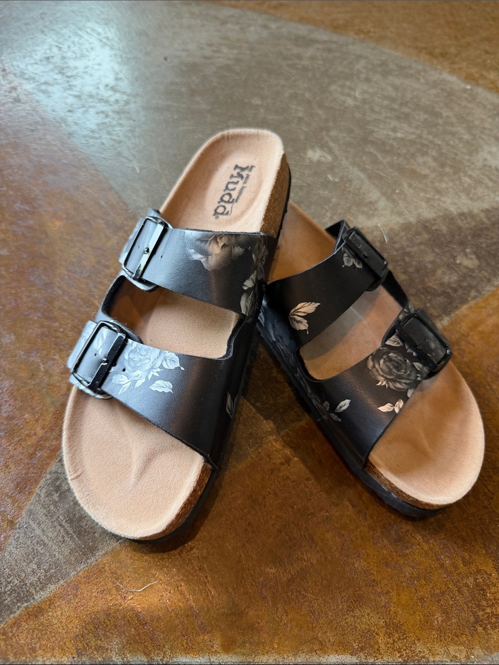 Mudd Black Floral Double-Buckle Slide Sandals with Tan Footbed